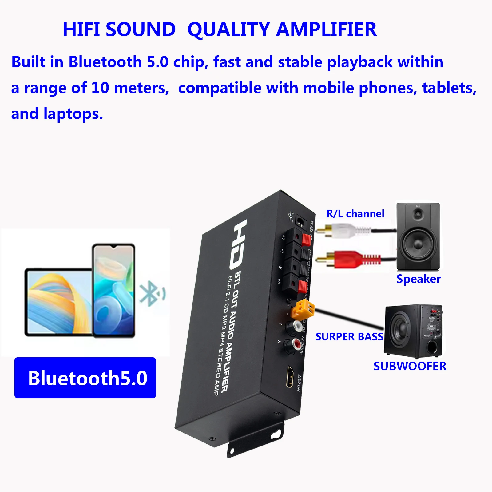HiFi 2.1 Channel Audio เครื่องขยายเสียงสเตอริโอ Treble และซับวูฟเฟอร์ปรับเสียงเบสเครื่องขยายเสียง 20Wx2 + 40W สําหรับรถบ้าน Meeti