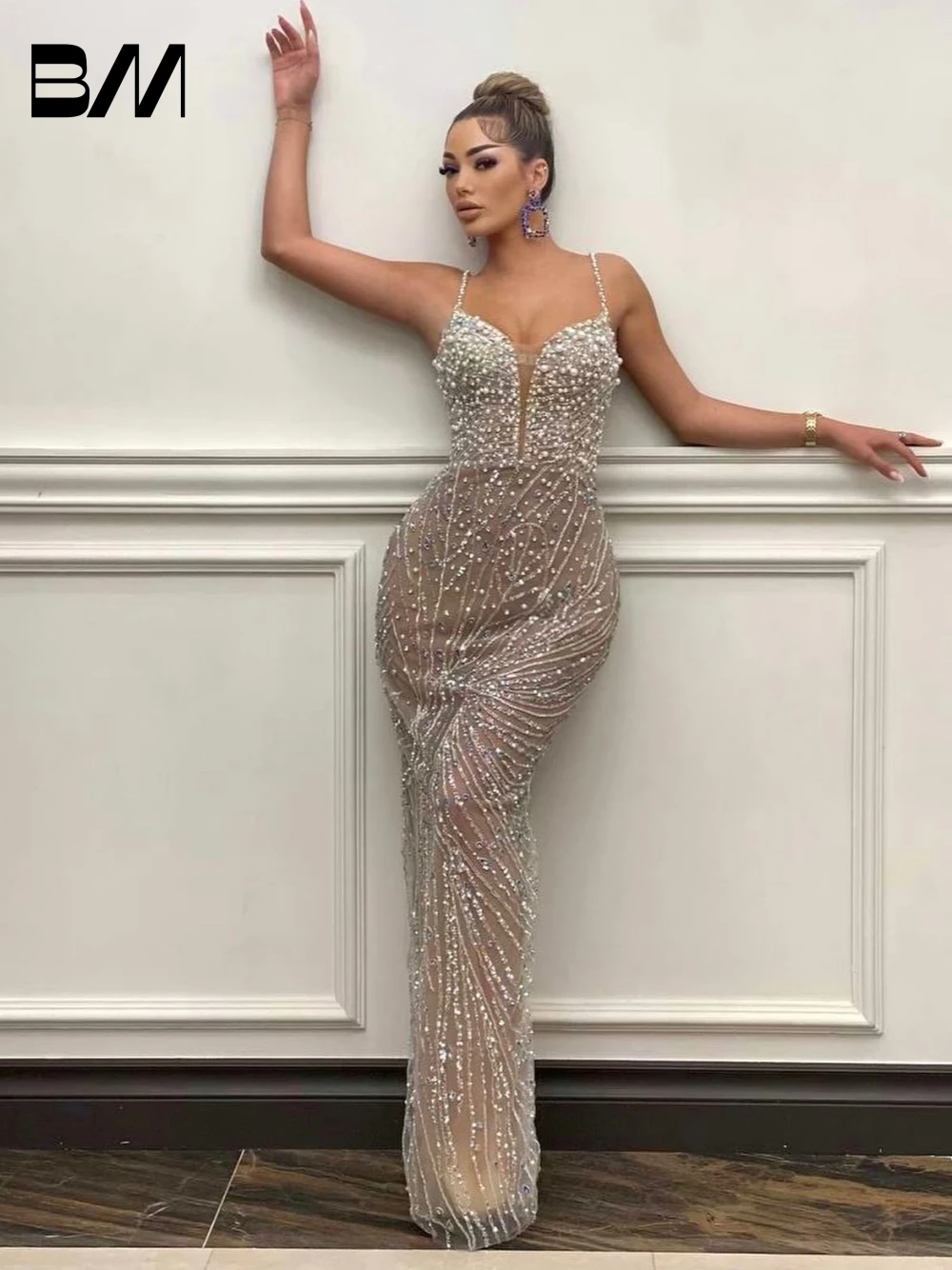 Sexy Sheath Pearls Evening Dress Party Shiny Beaded Illusion Crystals Floor-length Cocktail Gown Customized Vogue Women Wear