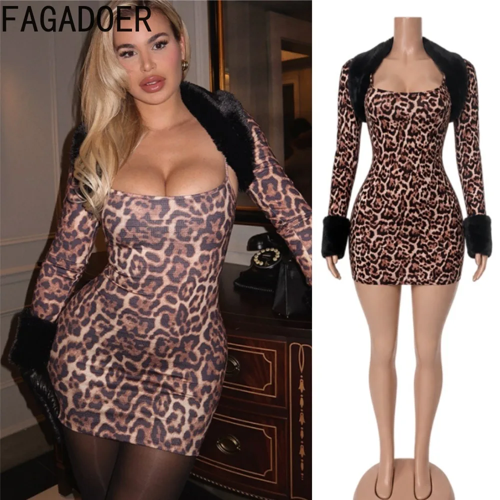 FAGADOER Leopard Print Faux Fur 2 Piece Set Bodycon Mini Dress + Fur Collar Long Sleeve Crop Jacket Sexy Club Outfit Fall Winter