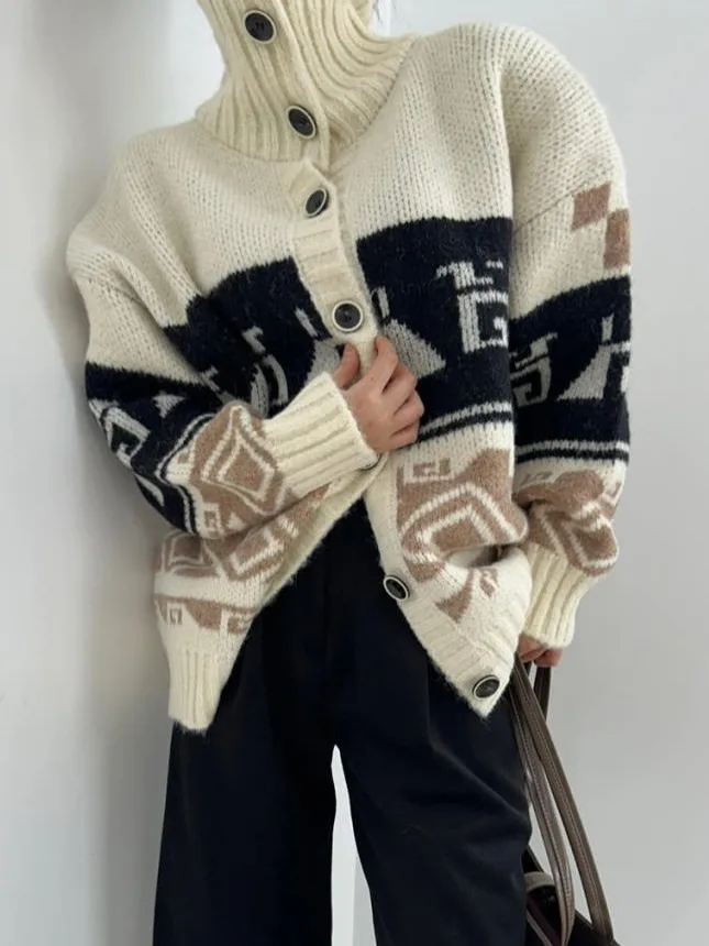 

Уникальный корейский винтажный вязаный свитер с высоким воротником, пальто, женский свободный кардиган на одной пуговице, модный осенне-зимний кардиган