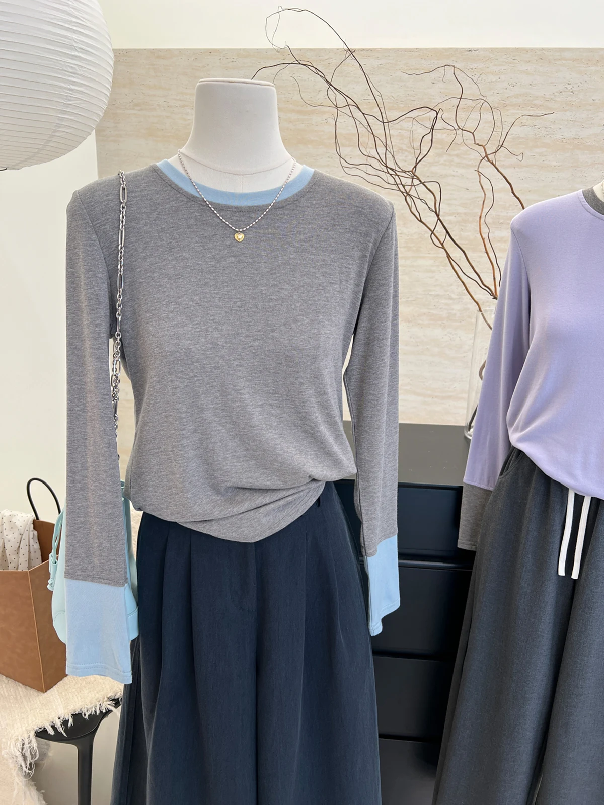 Slim Fit Color Block Long Sleeve round Neck T-Shirt Women's Fashionable Base Shirt Inner Wear Commute Style Korean Version