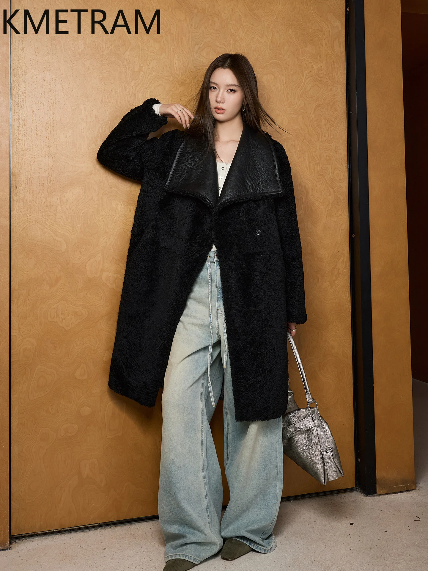 KMETRAM peau de mouton mérinos naturelle avec laine attaché manteau revers longue veste de fourrure véritable manteaux d'hiver femme vêtements шуба ж Dön mena