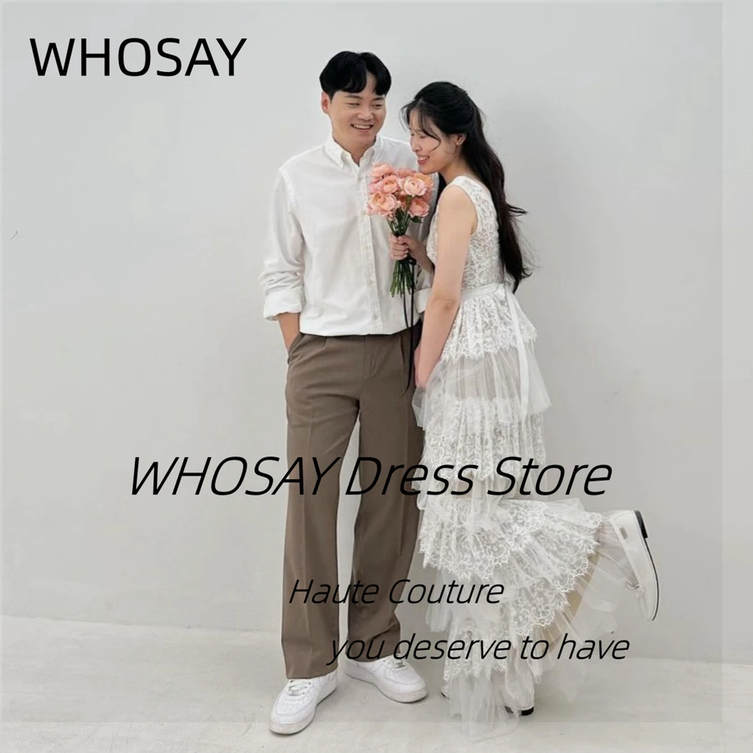 

WHOSAY Princess Wedding Dresses V Neck Sleeveless Korea Bridal Gowns Zipper Back Tiered Lace Long Elegant Birthday Party 웨딩드레스 L