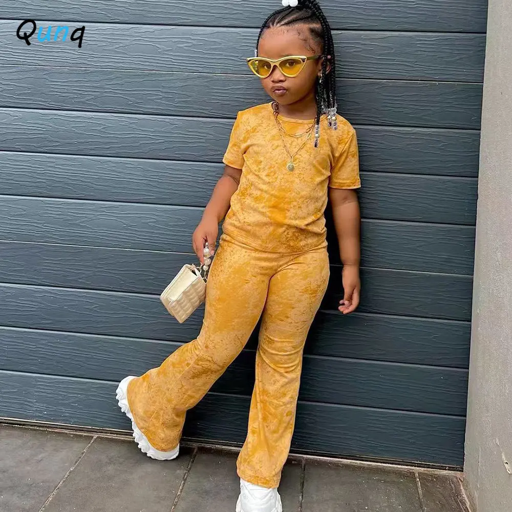 

Qunq 2023 Summer New Girls Velvet Tie-Dye O Neck Short Sleeve Top + Flared Trousers 2 Pieces Set Casual Kids Clothes Age 3T-8T