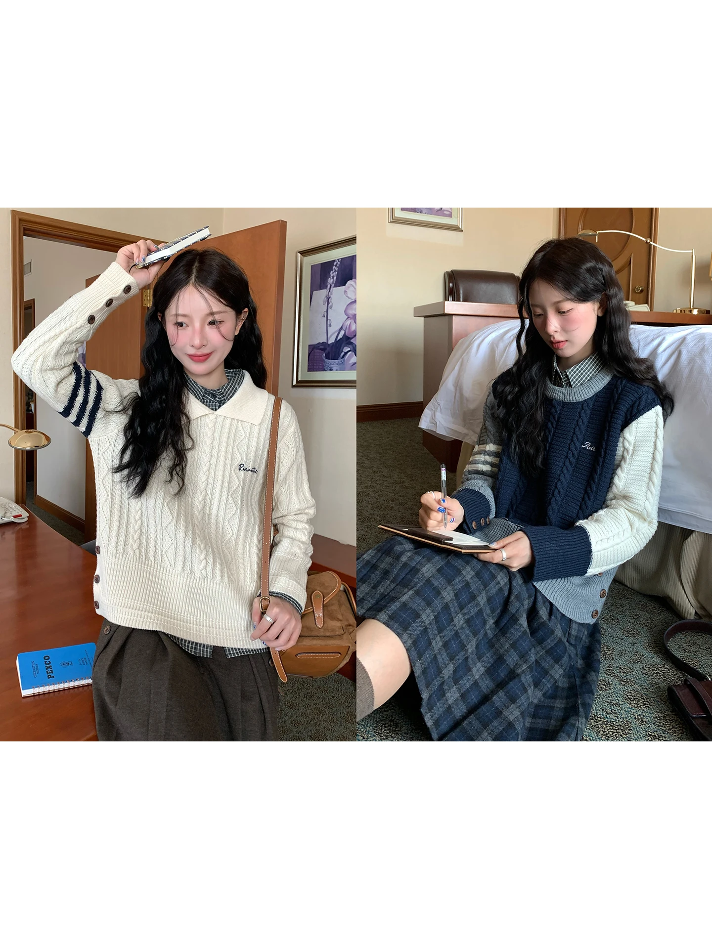 

Korean Sle Twisted Color Blo Sweater Women's Winter Long Sve Knitted Top Tee Stripe Button up Casual Faion