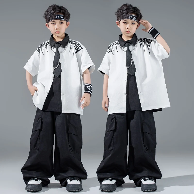 

2025 Kids White T-Shirt Black Cargo Pants Outfits For Boys Jazz Dance Costumes Girls Street Dance Hip Hop Rave Clothes DQS19550