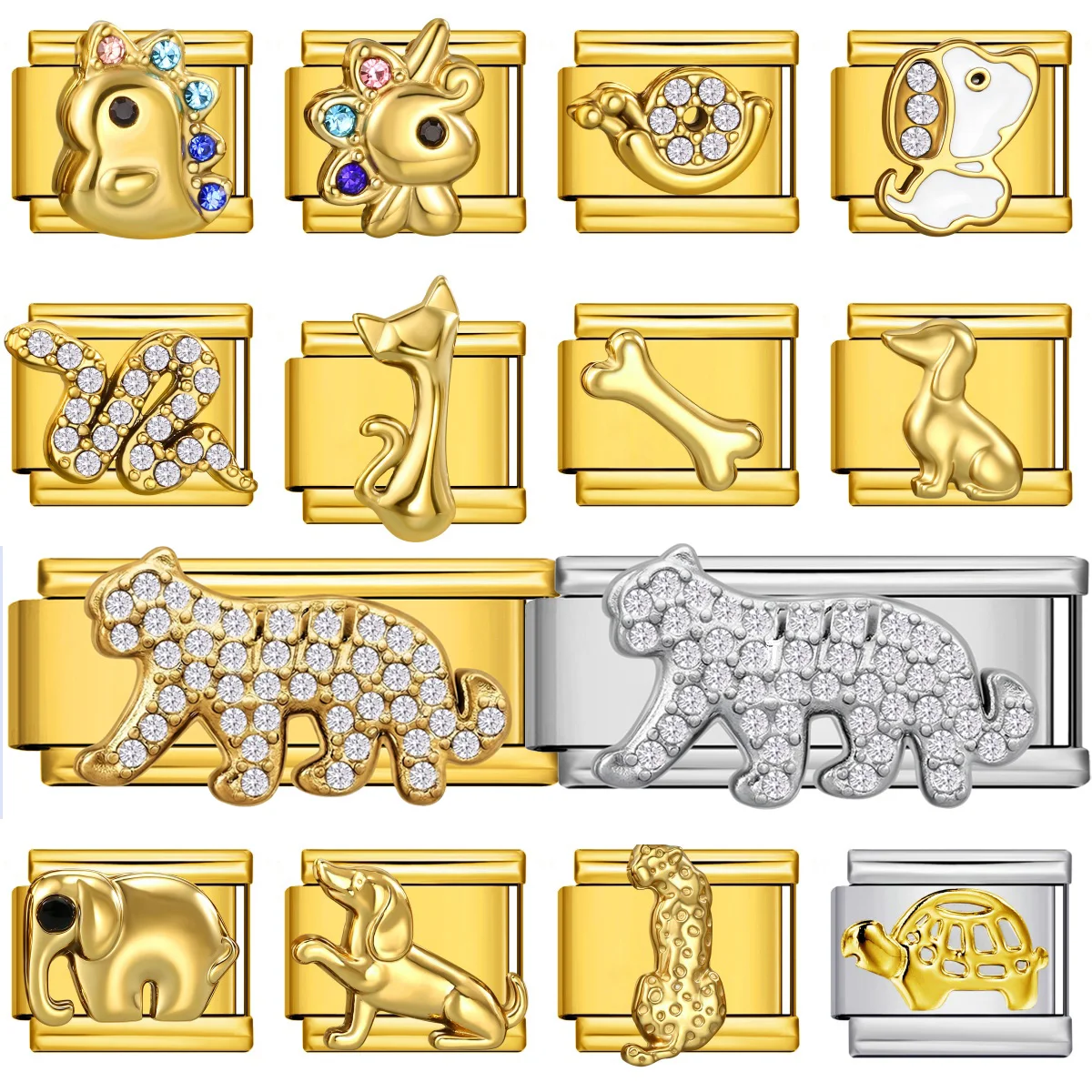 Vergoldete Tiger-, Elefanten-, Leoparden- und Schlangen-Kristall-Charms im italienischen Stil passen zu 9-mm-Edelstahlarmbändern für die Schmuckherstellung für Damen und Herren.