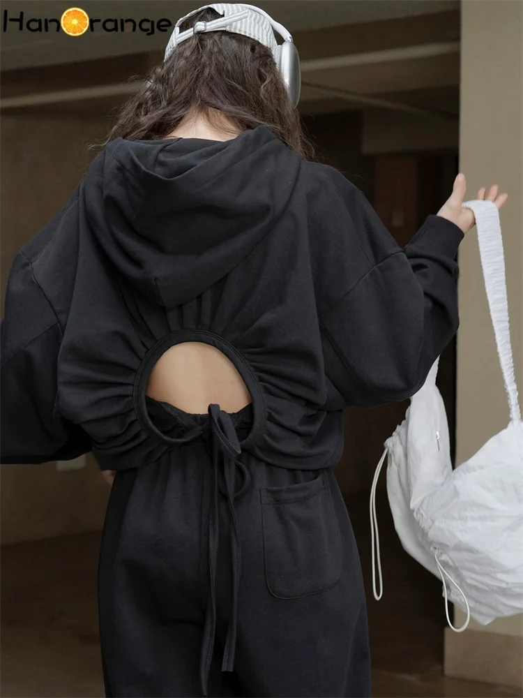 HanOrange 2025 Spring Simple Back Hollow Short Hoodies Women Loose Strap Casual Hooded Top Active Black/White