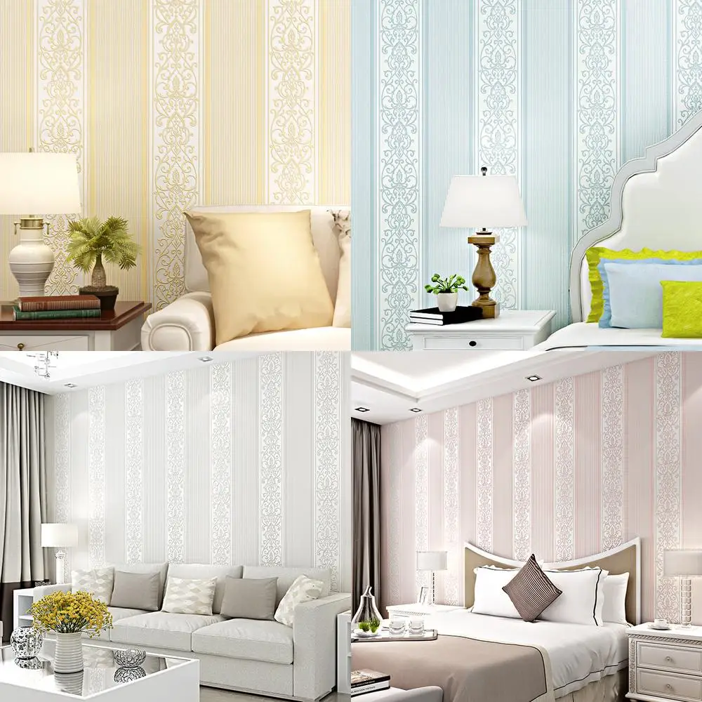 ورق حائط غير منسوج على الطراز الأوروبي لغرفة النوم وغرفة المعيشة ثلاثي الأبعاد بشريط عمودي ديكور منزلي خلفية تلفزيون دافئة wa #1