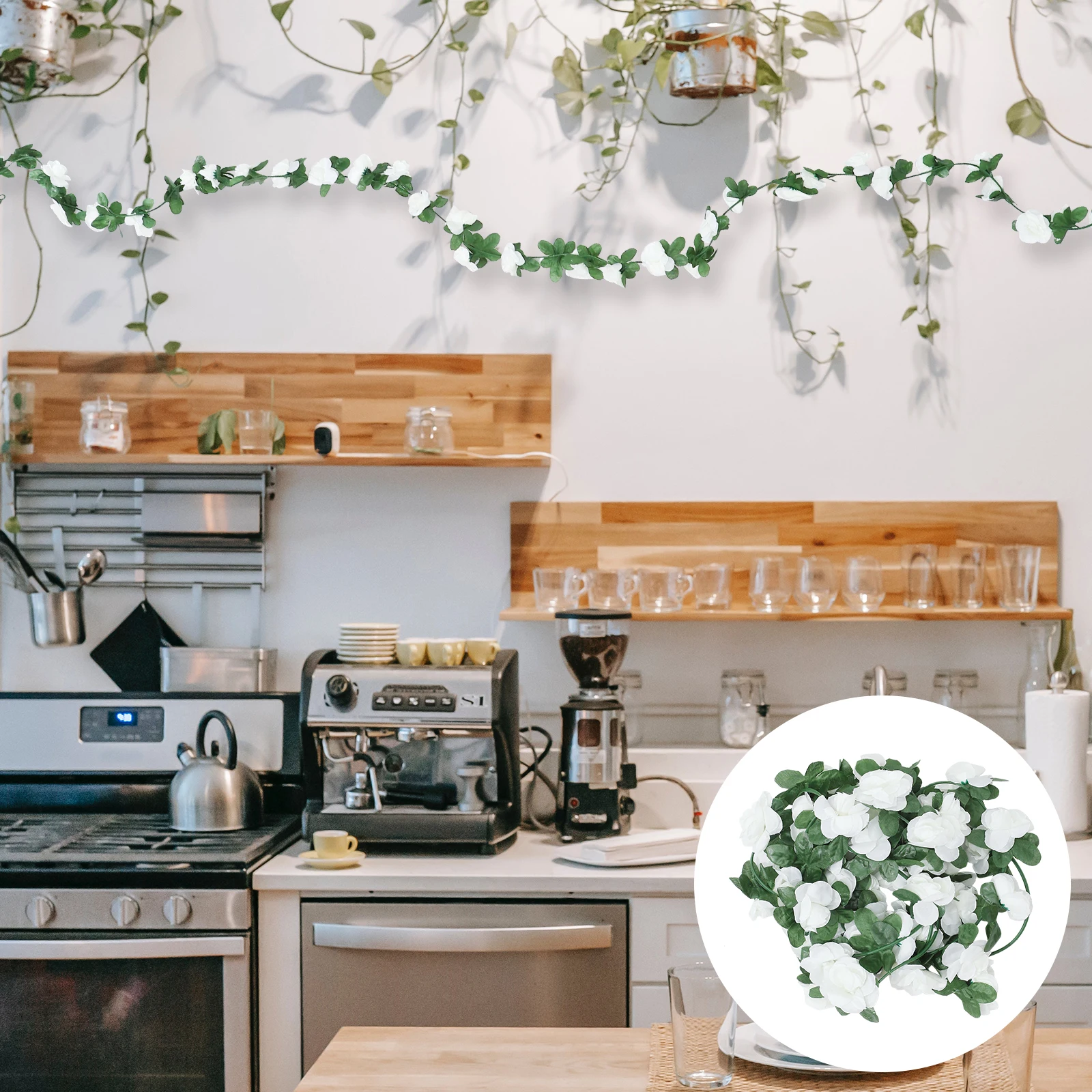 

6 Pcs Simulation Simulated Green Plant Roses Artificial Flowers Hanging Coat Hanger White Plastic