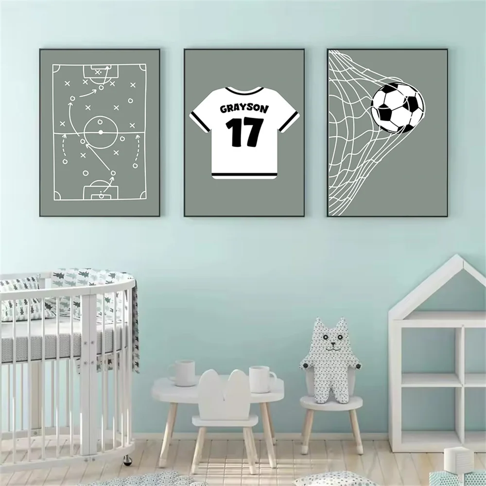 

Personalized Soccer Poster Cartoon Custom Name and Number Football Canvas Painting Nursery Wall Art Print Kids Boy Room Decor