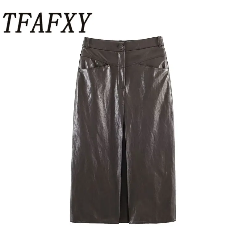 TFAFXY 2026 Frühling Elegante Damen Kunstleder-Röcke 2026 Frühling Reißverschluss Hochgeschnittener Rock mit Frontschlitz Midi Langer Rock