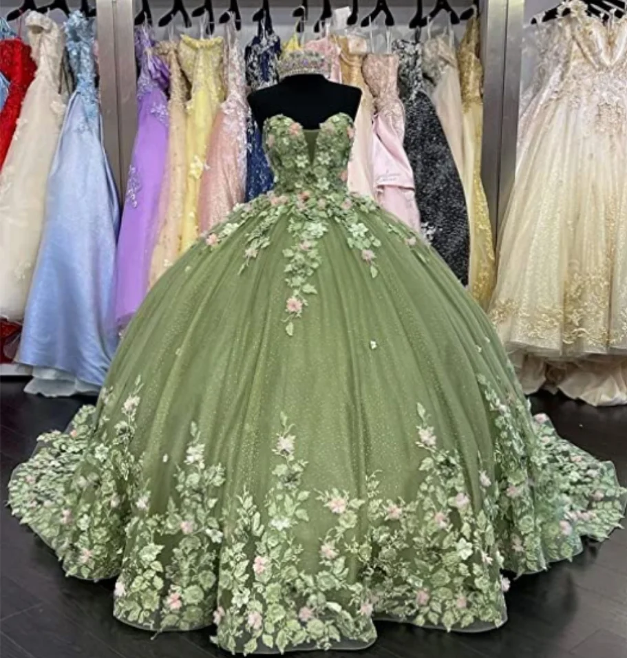 Haute Couture 3D Flowers Luxury Green Party Dress Ball Gown Prom Dress Masquerade Sweet Birthday vestidos de Xv
