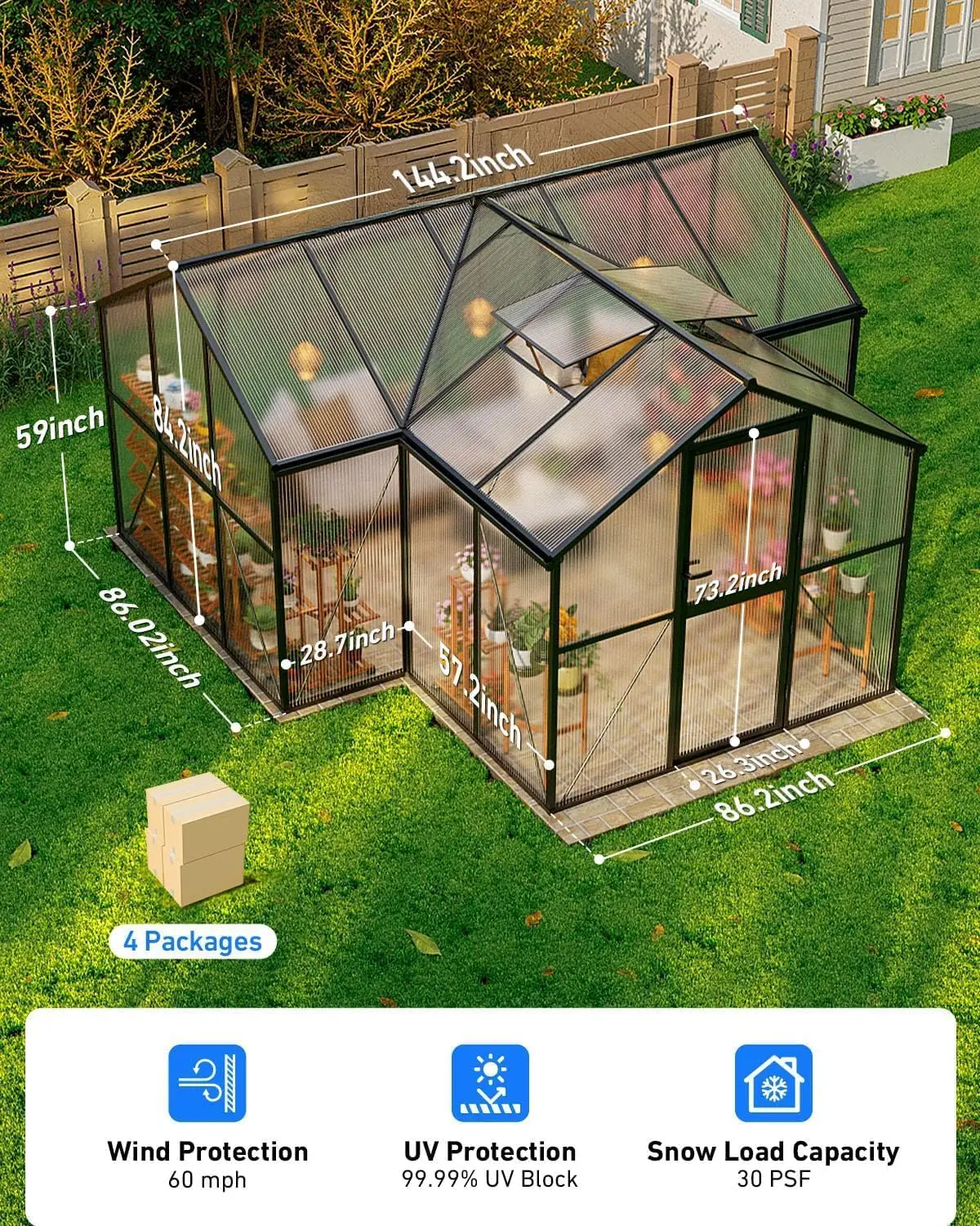 

12X12 FT Greenhouse for Outdoors, Polycarbonate Walk-in Green House for Outside, Reinforced Aluminum Frame Greenhouses,, Custom