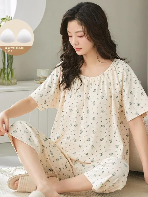 甘い花柄ワンピースパジャマ半袖女性用アウターウェア夏のホーム服ユースコットンポリエステルセット 1