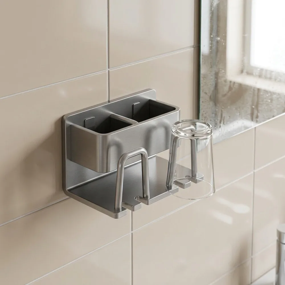 Wall Mounted Toothbrush Holder for Bathroom with Cup Space - No Hole Setup Moisture 15x9.5x9.5cm for gunmetal Gray