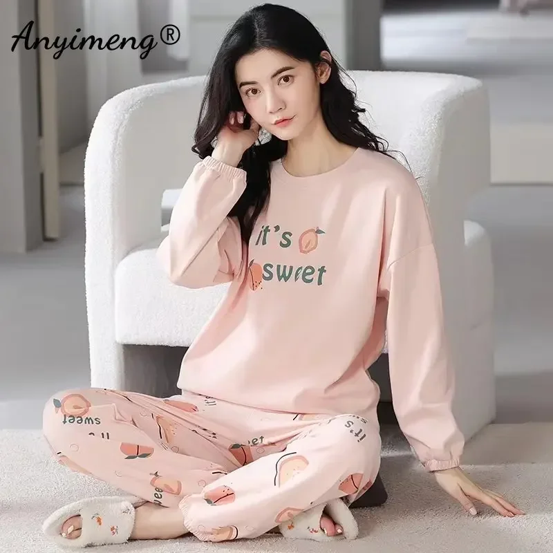 3XL 4XL 5XL Autumn Spring Women New Pajamas Set Long Sleeve Round Neck Woman\'s Sleepwear Kawaii Pringitng Girl Casual Loungewear