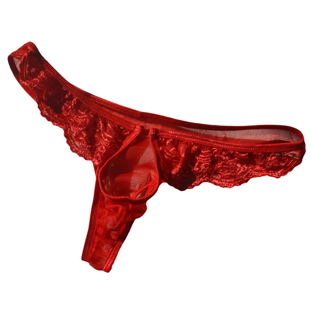 

Sexy Men's Lace See Through Front Ring Thongs Underwear Low Waist Briefs Hollow Out Exotic Panties Sissy G-Strings