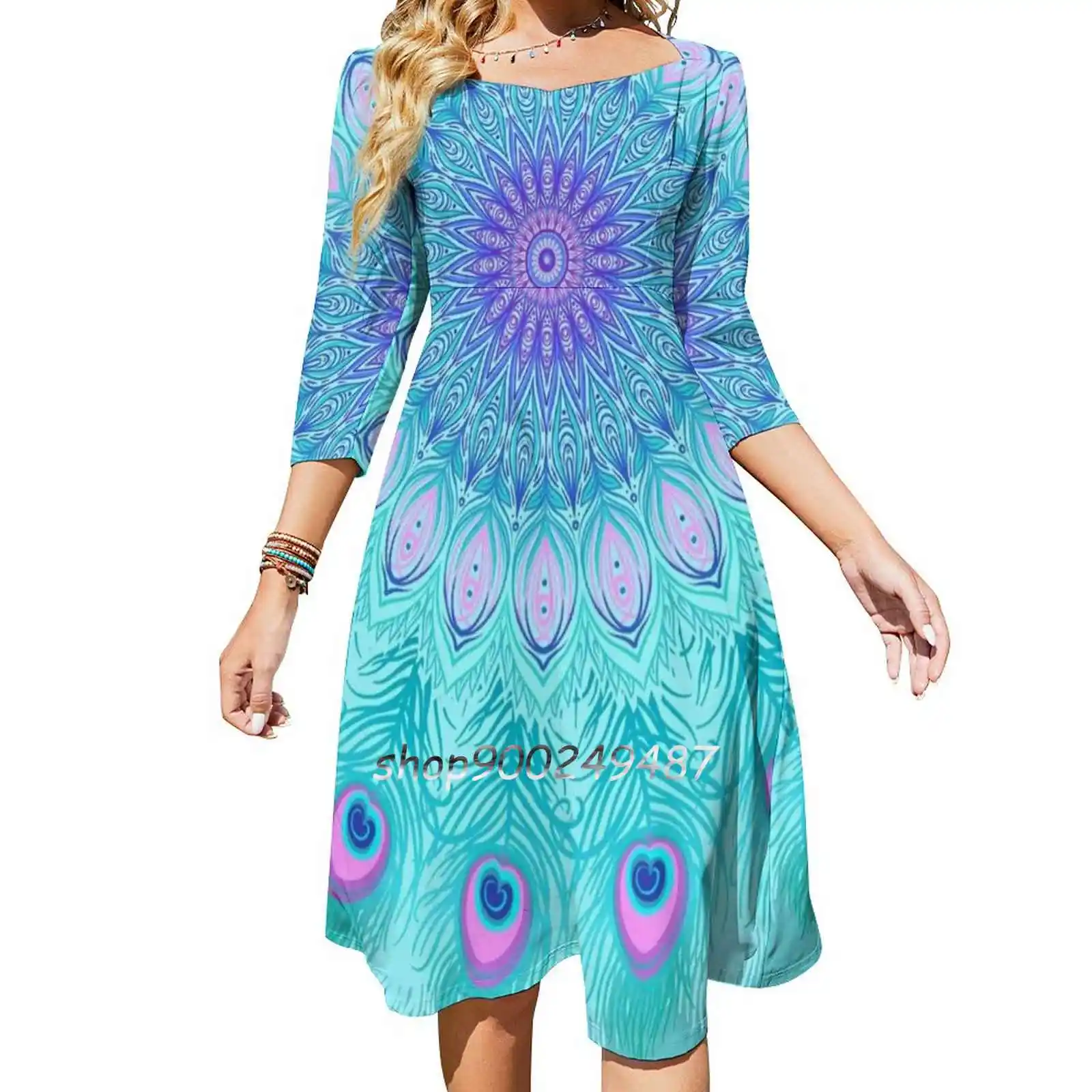 Peacock Feathers Mandala Sweetheart Knot Flared Dress Fashion Design Large Size Loose Dress Abstract Asian Ayurveda Background