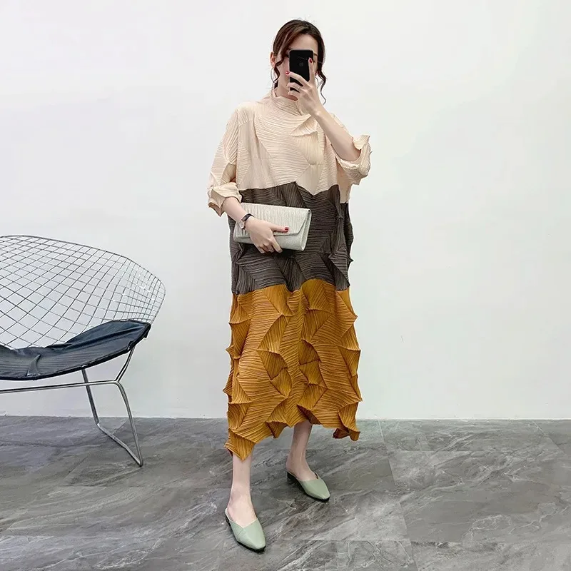 YUDX Miyake Stand Collar Color Block Dress Long Length Women 2024 New Autumn Vintage Loose Pleated Dresses Elegant