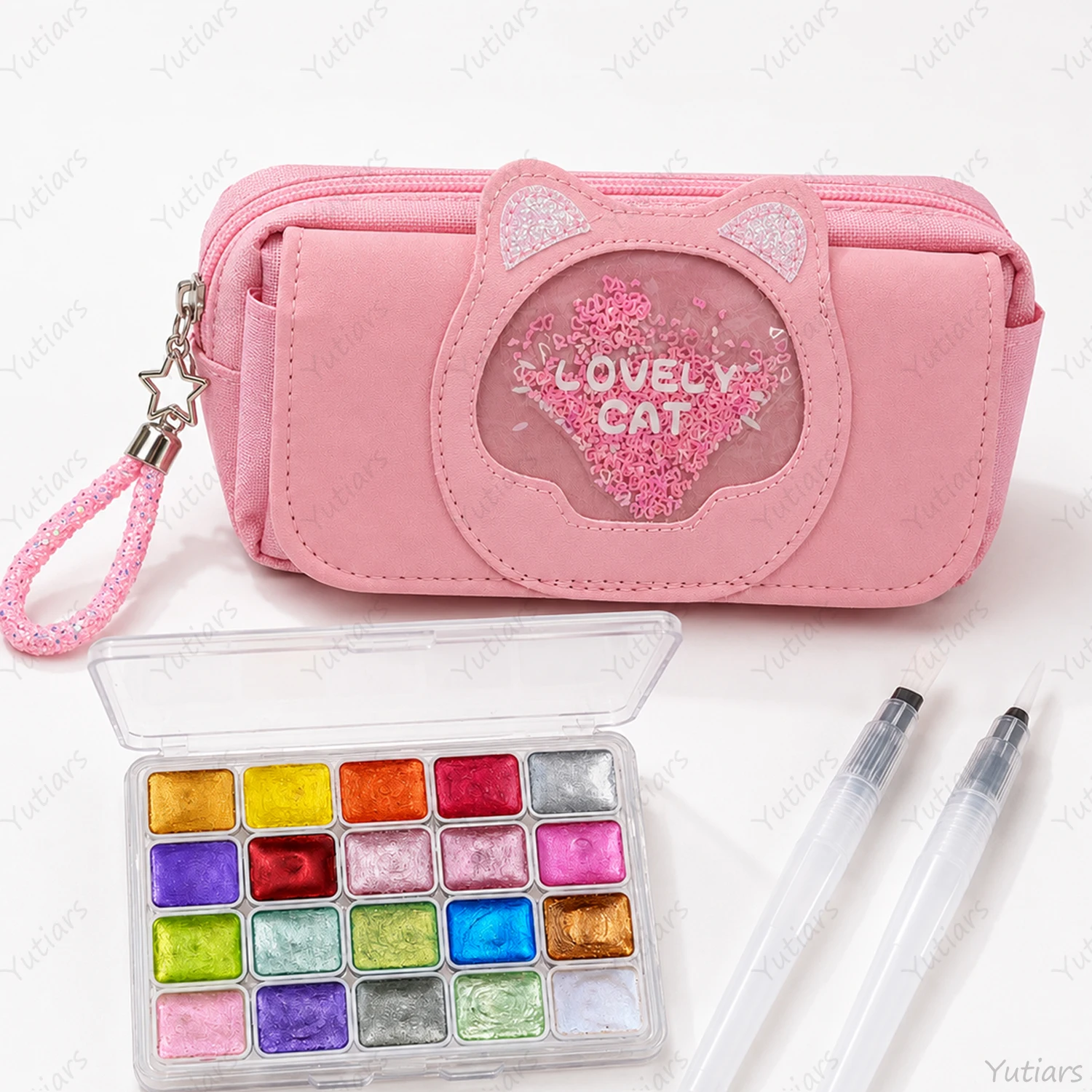 Portable Watercolor Set with Pink Cat Pencil Case, 20 Pearlescent Colors, 2 Water Brushes for Painting, Travel, School and Art