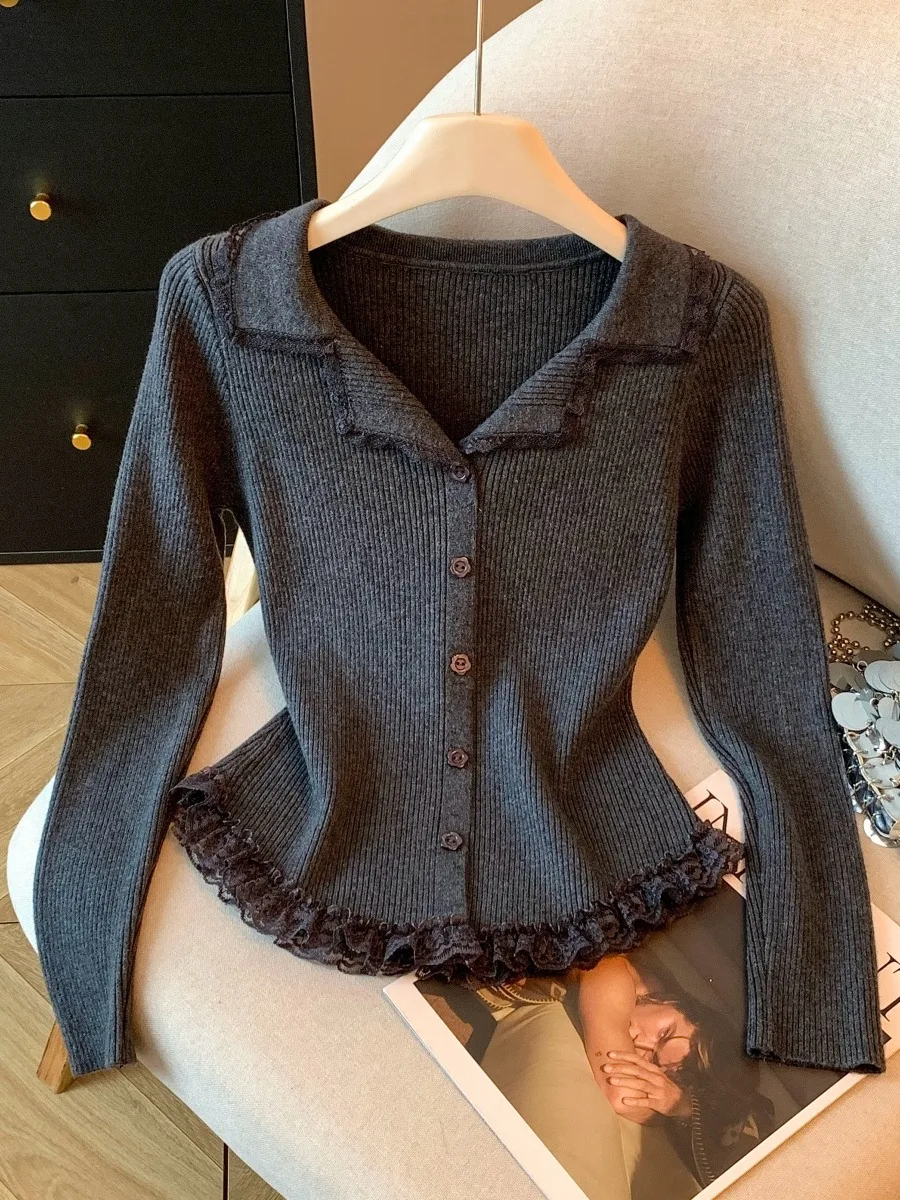 Maglione lavorato a maglia con finiture in pizzo color vino rosso Capispalla invernale da donna Sli Bellissimo piccolo top da pendolarismo Sle Slim Fit