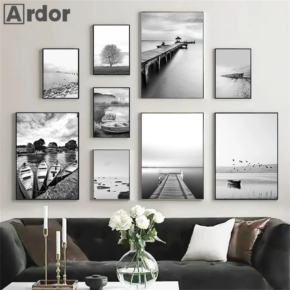 

Lake Wall Poster Black And White Canvas Painting Boat Art Prints Bridge Posters Nordic Wall Pictures Living Room Home Decoration