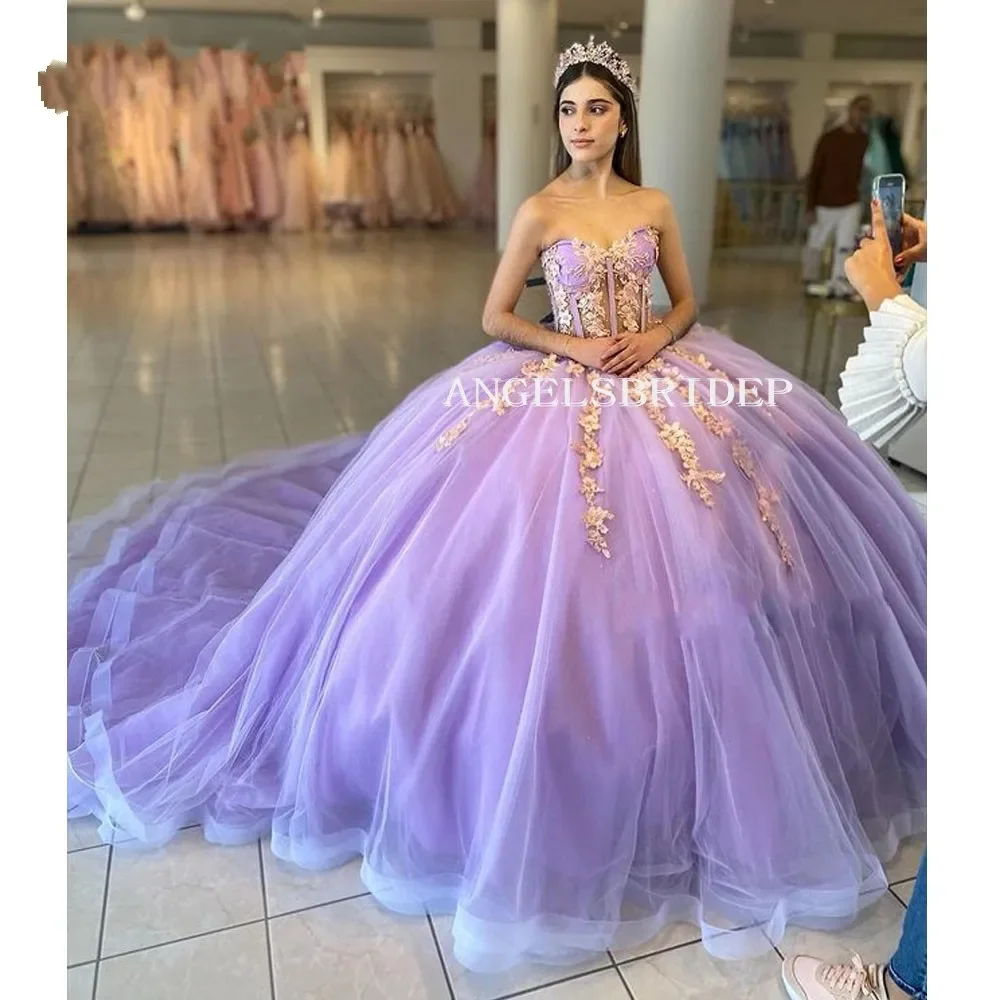 Lilac Luxury Strapless Birthday Party Ball Gown Pretty Gloden Applique Corset Vestidos De 15 Anos vestidos de gala Customized