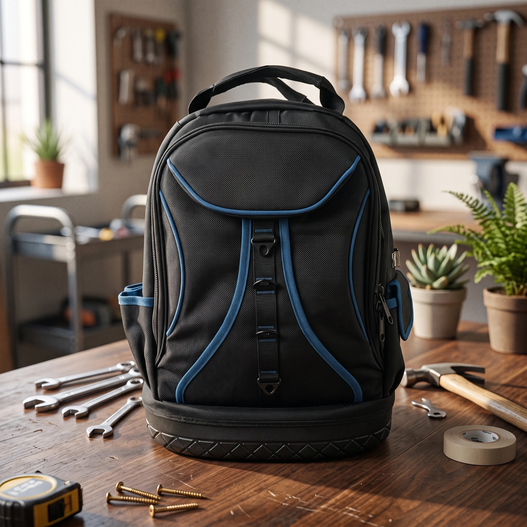 

Tool Backpack with Plastic Base Padded Tool Backpack with Molded Base Breathable Large Capacity for Electricians, Jobsite