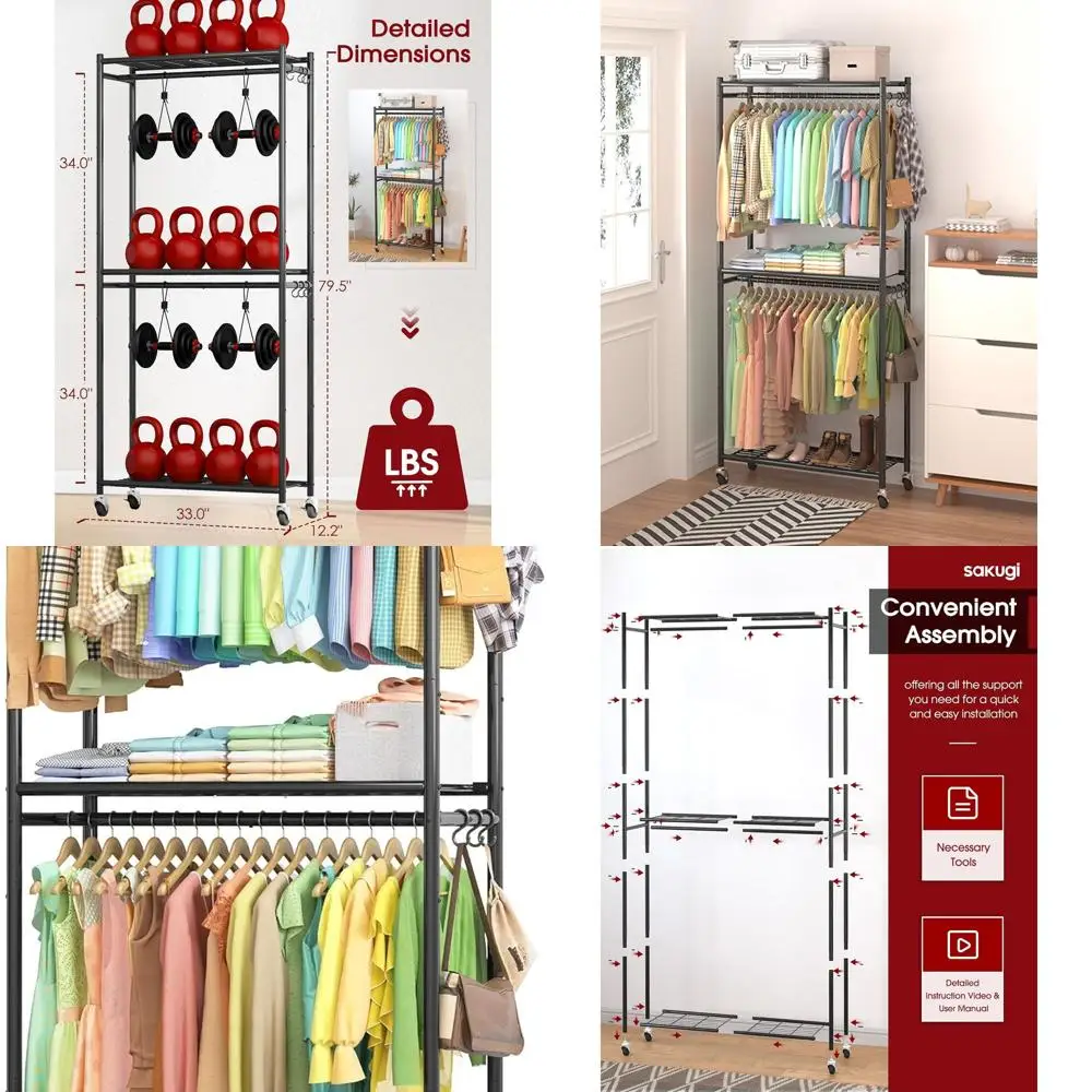 

Space-Saving 33x12.2x79.5 Metal Clothes Rack with Shelves, Rolling Wardrobe Organizer, Multi-Purpose Storage for Home, Black