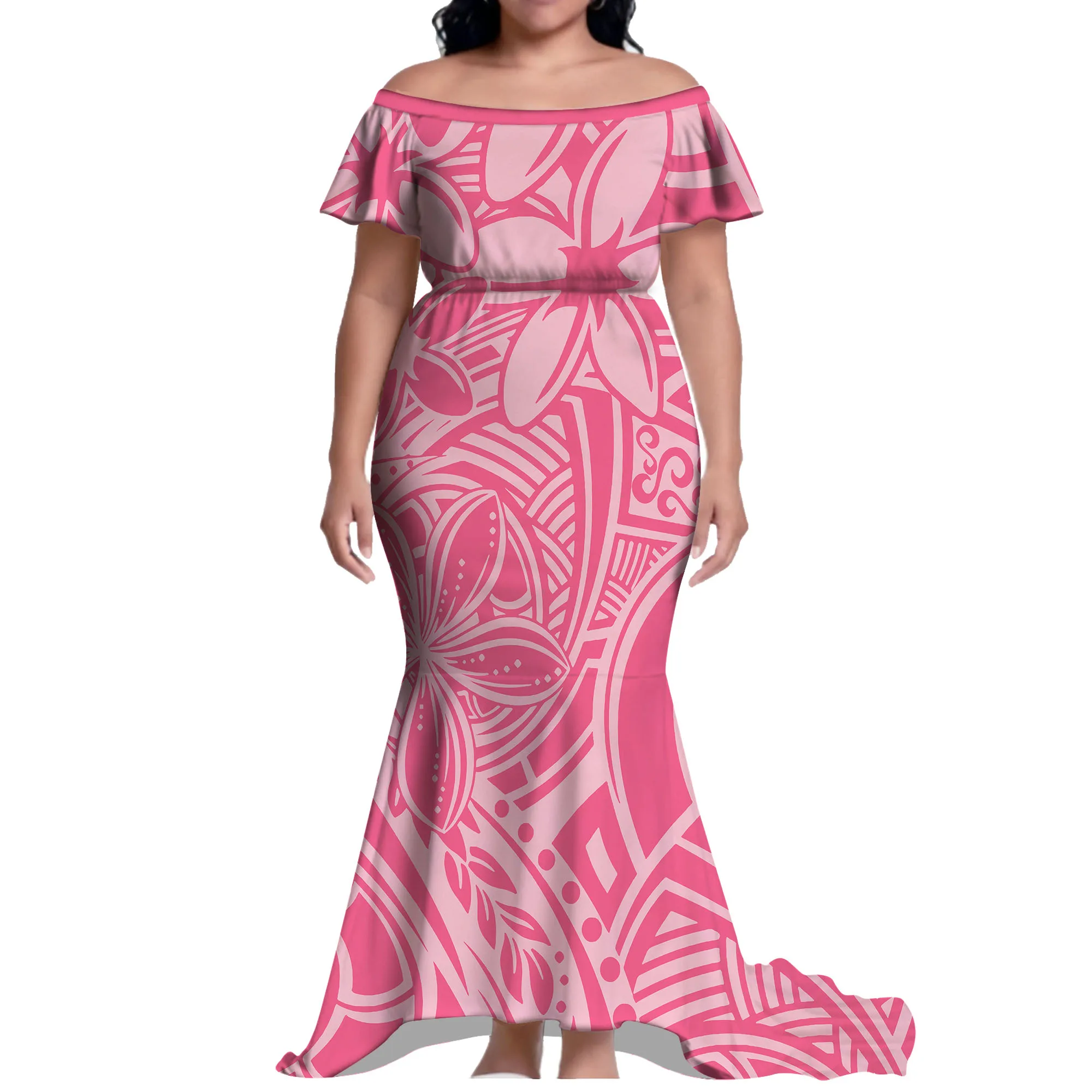 

Samoan Custom Dress Pattern Polynesian Off-The-Shoulder Short-Sleeved Women'S High-Quality Cinched Waist Floor-Length Dress