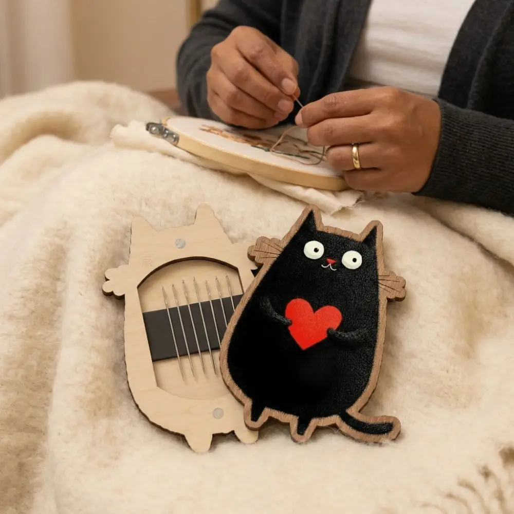 

Cute Magnetic Needle Thread Box Mini Cartoon Sewing Storage Box Wooden Cat Shape Sewing Organizer Home