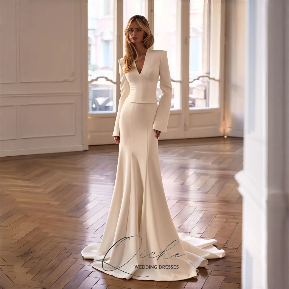 

QICHE современные свадебные платья русалки с длинными рукавами женские 2026 с v-образным вырезом длиной до пола, свадебные платья Vestidos De Noiva по индивидуальному заказу