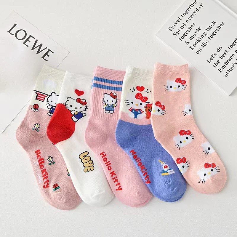 

Kawaii носки Hello Kitty, детские носки Sanrio KT Cat, носки средней длины, носки до середины икры, студенческие носки