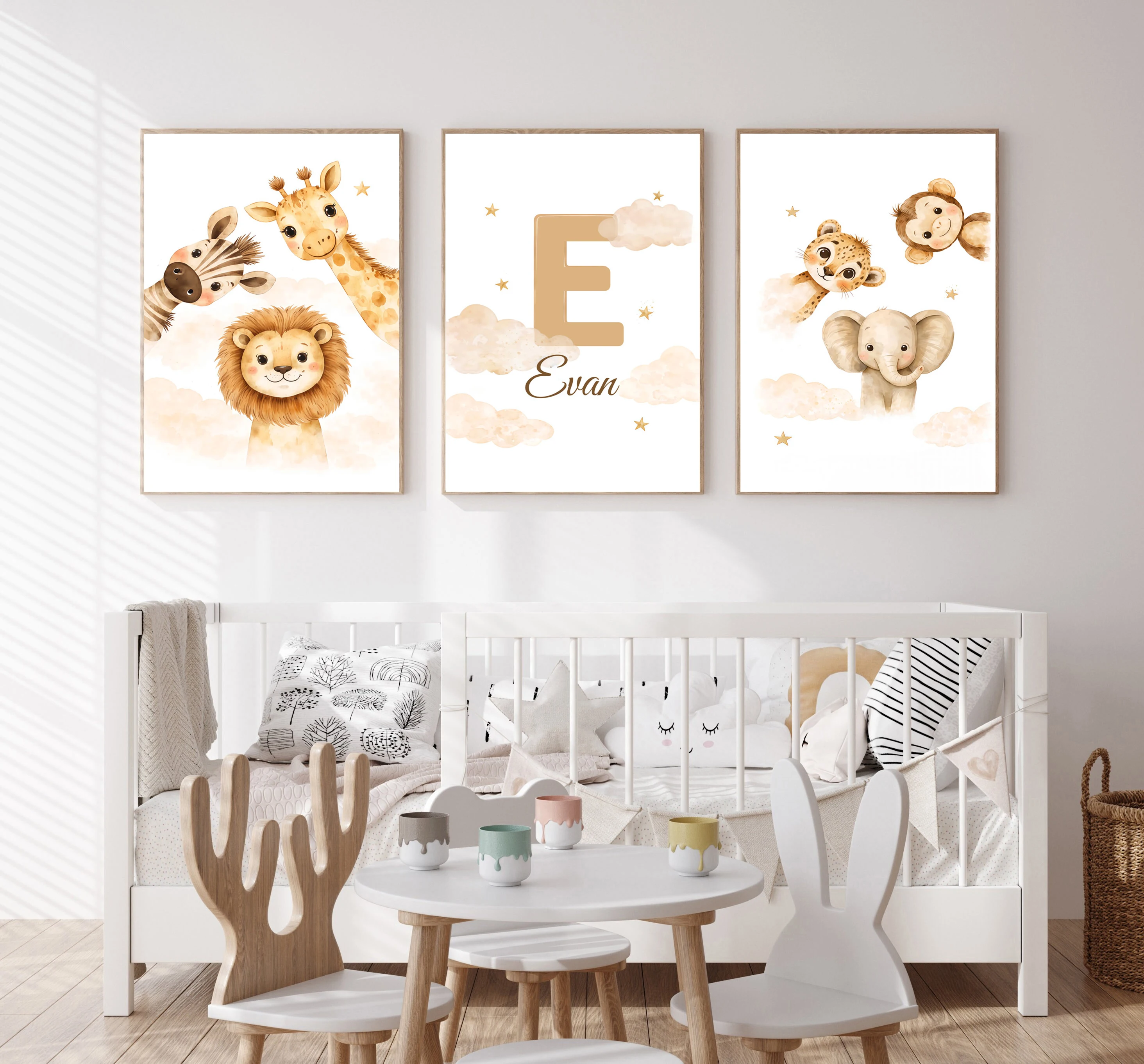 3pcs/set Custom Baby Name Safari Nursery Canvas Print Elephant Leopard Lion Giraffe Animal Wall Art Poster for Modern Home Decor image 2