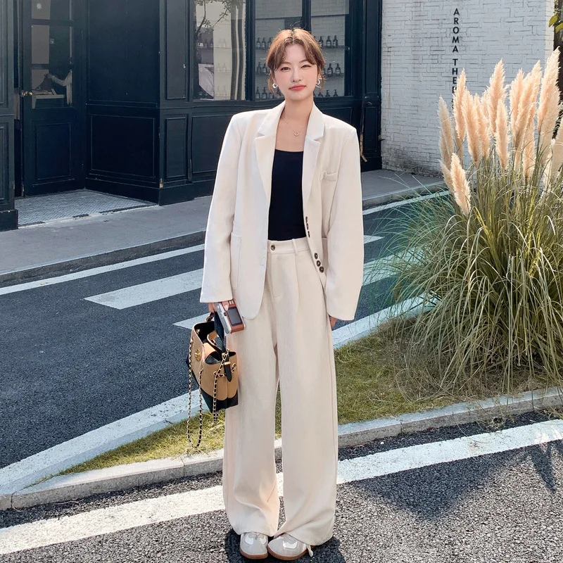 2025 Autumn New Casual Single-breasted Suit Jackrt+Wide Leg Pants Two Piece Set Women Fashion Commute Solid Color Set