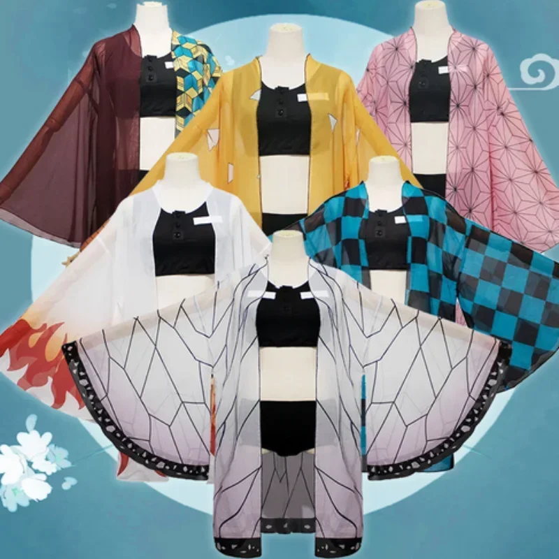 

Anime Cosplay Kochou Shinobu Bikini Swimsuit Kimetsu no Yaiba Kamado Tanjirou Cos Bathing Suit Swimsuit Kimono Cardigan