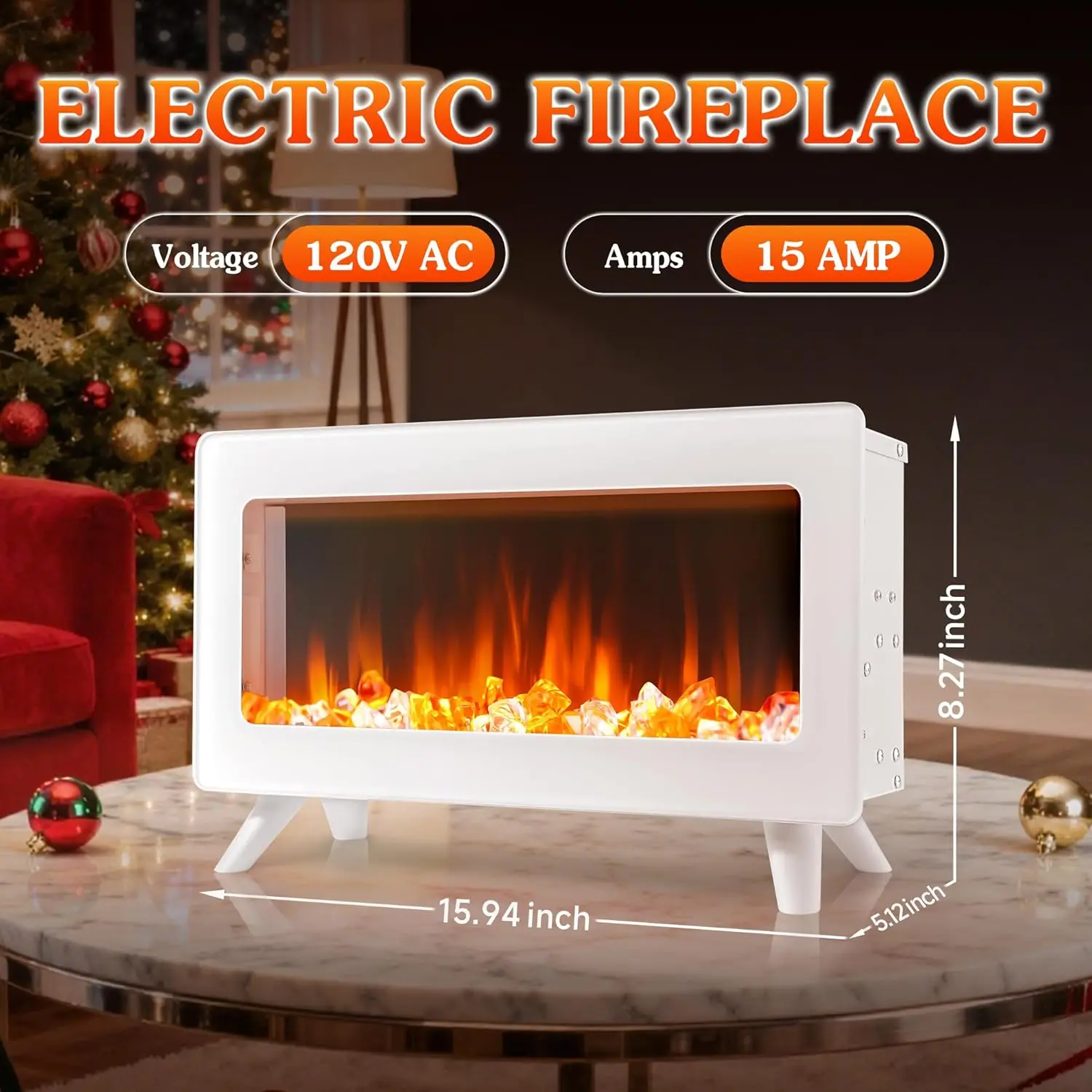 دفاية كهربائية 16 بوصة مع لهب ثلاثي الأبعاد، سخان مساحة داخلي بالأشعة تحت الحمراء، 1500 وات، حماية من الحرارة الزائدة (أبيض) #2