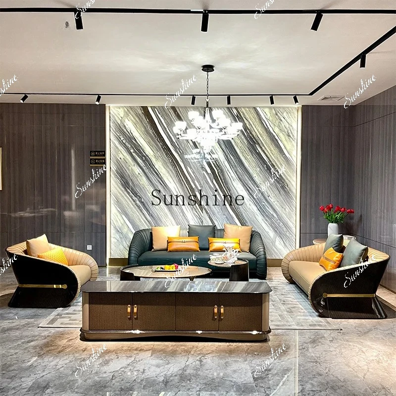 

Postmodern light luxury Italian simple first-layer leather large apartment high-end luxury living room solid wood sofa TF
