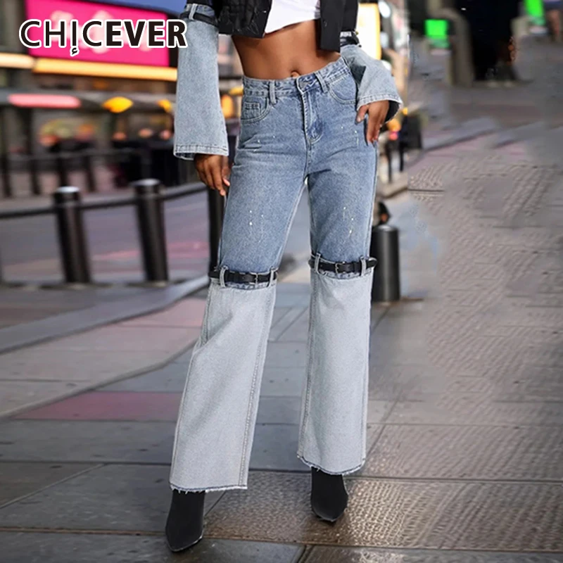 

CHICEVER Bleach Wash Streetwear Spliced Belt Jeans For Women High Waist Patchwork Pockets Casual Straight Denim Trouser Female