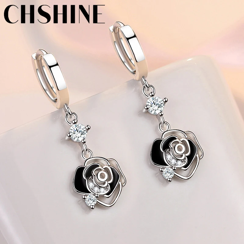 CHSHINE 925 Sterling Silver Black Rose Flower Earrings for Women's Wedding Gifts Fashion Jewelry