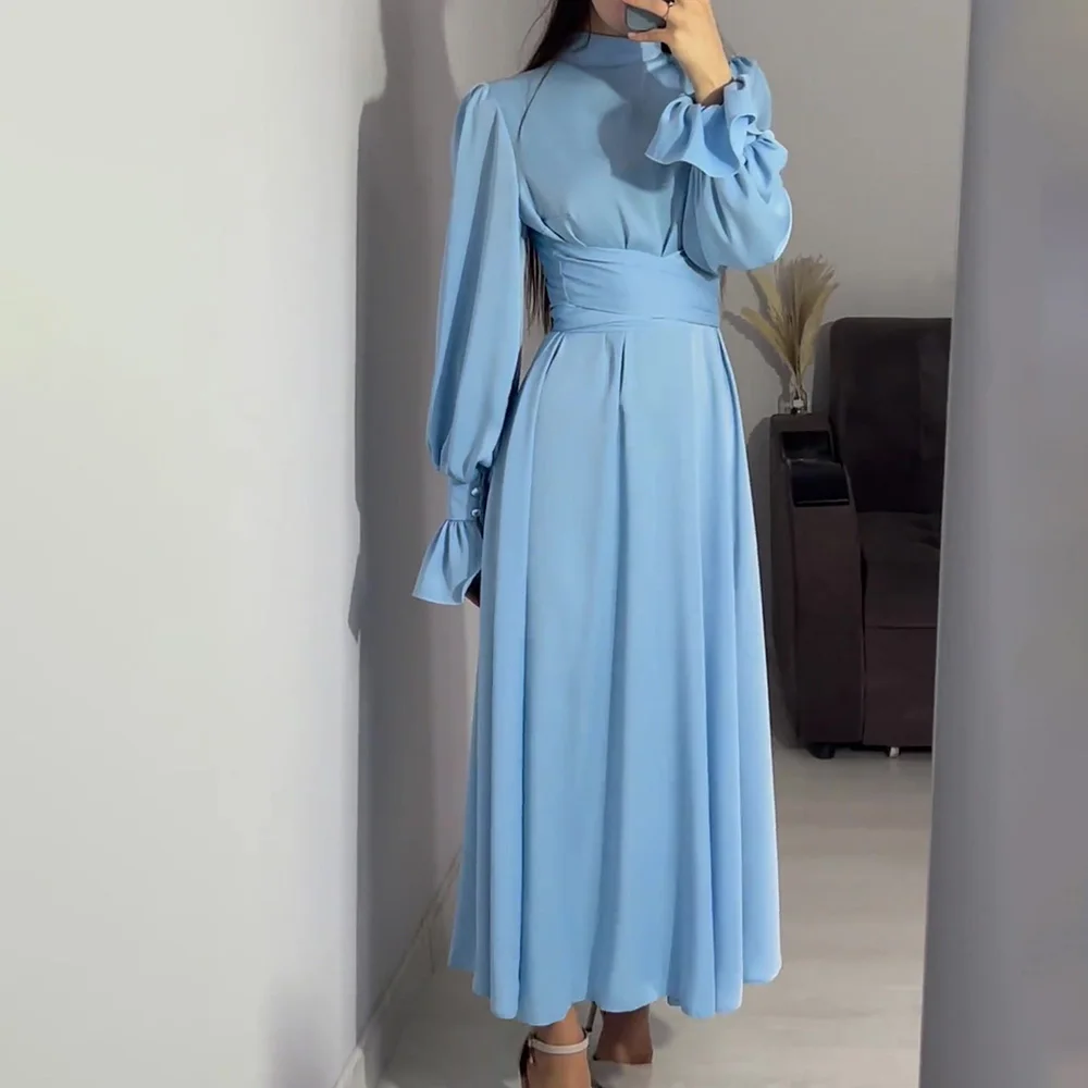 

Button Ruffle Sleeve Abaya Ramadan EID Islamic Clothing Modest Satin Maxi Dress Belt Cross Waist Evening Gown For Muslim Women