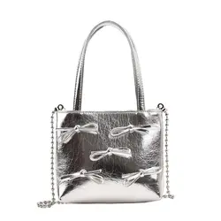 New Silver Small Bow Tie Design Crossbody Bags for Women Cute Handbags PU Leather Shoulder Bag Bucket Purses