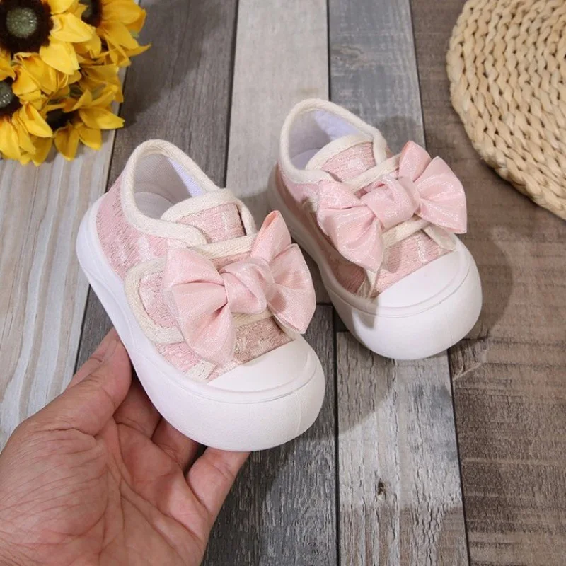 New 2024 Autumn Children Soft Soled Canvas Shoes Girls Fashion Bowknot Board Shoe Sweet Kids Toddler Non-slip Casual Flat Shoes