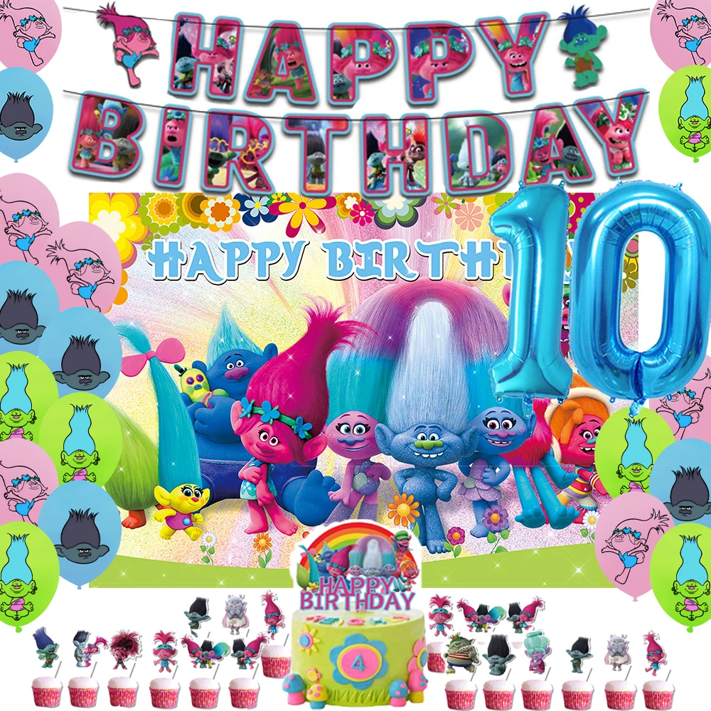 Cartoon-TROLLS Theme Children Birthday Party Digital Balloon Banner Background Cake Topper Decoration Supplies Props Baby Gifts