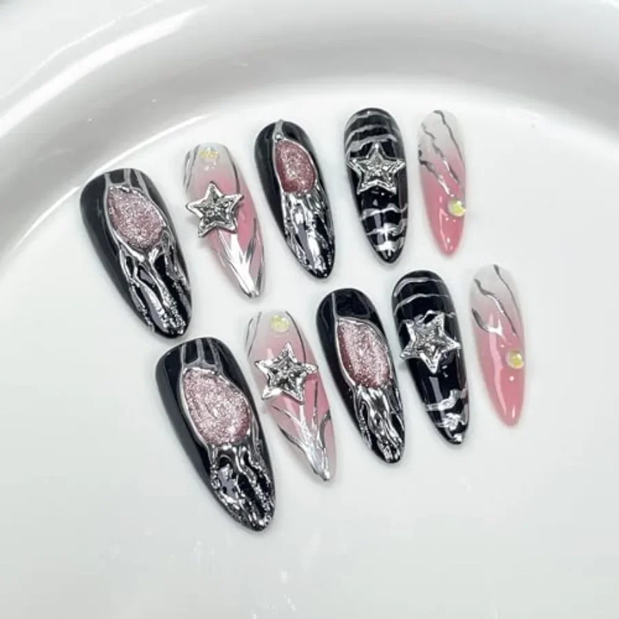 

Handmade Press On Nails Y2K Cool Girl Design Suitable for Women and Girls Long Almond Shape 10pcs Glue On Acrylic Fake