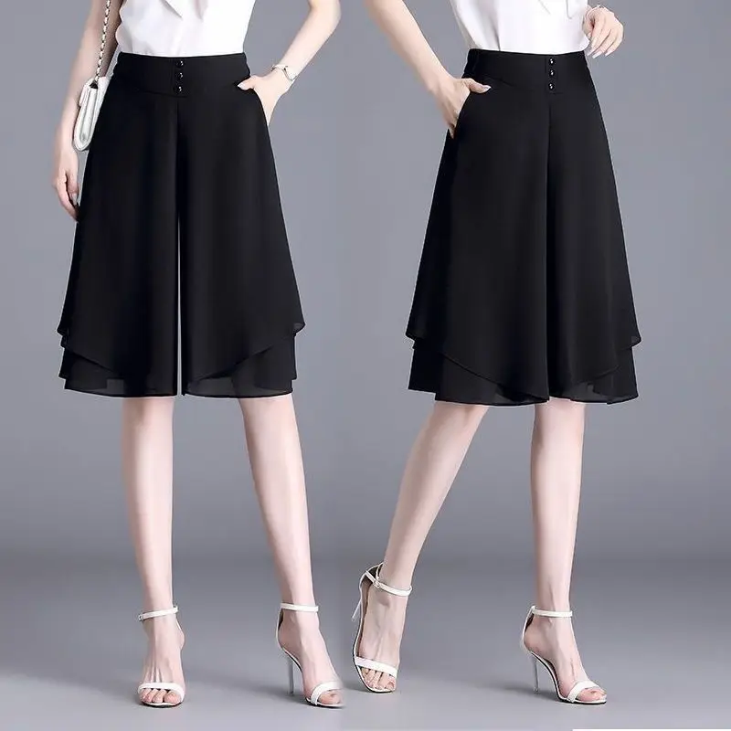 

Women Summer Chiffon Wide Leg Pants Bottoms Casual Loose Breathable Thin Straight Trousers Fashion Culottes Short Pants