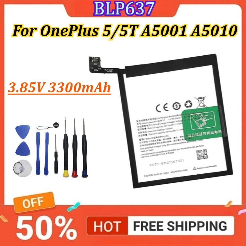 

New Battery BLP637 3.85V 3300mAh Replacement Mobile Phone Battery For OnePlus 5/5T A5001 A5010 Batteries +Free Tools