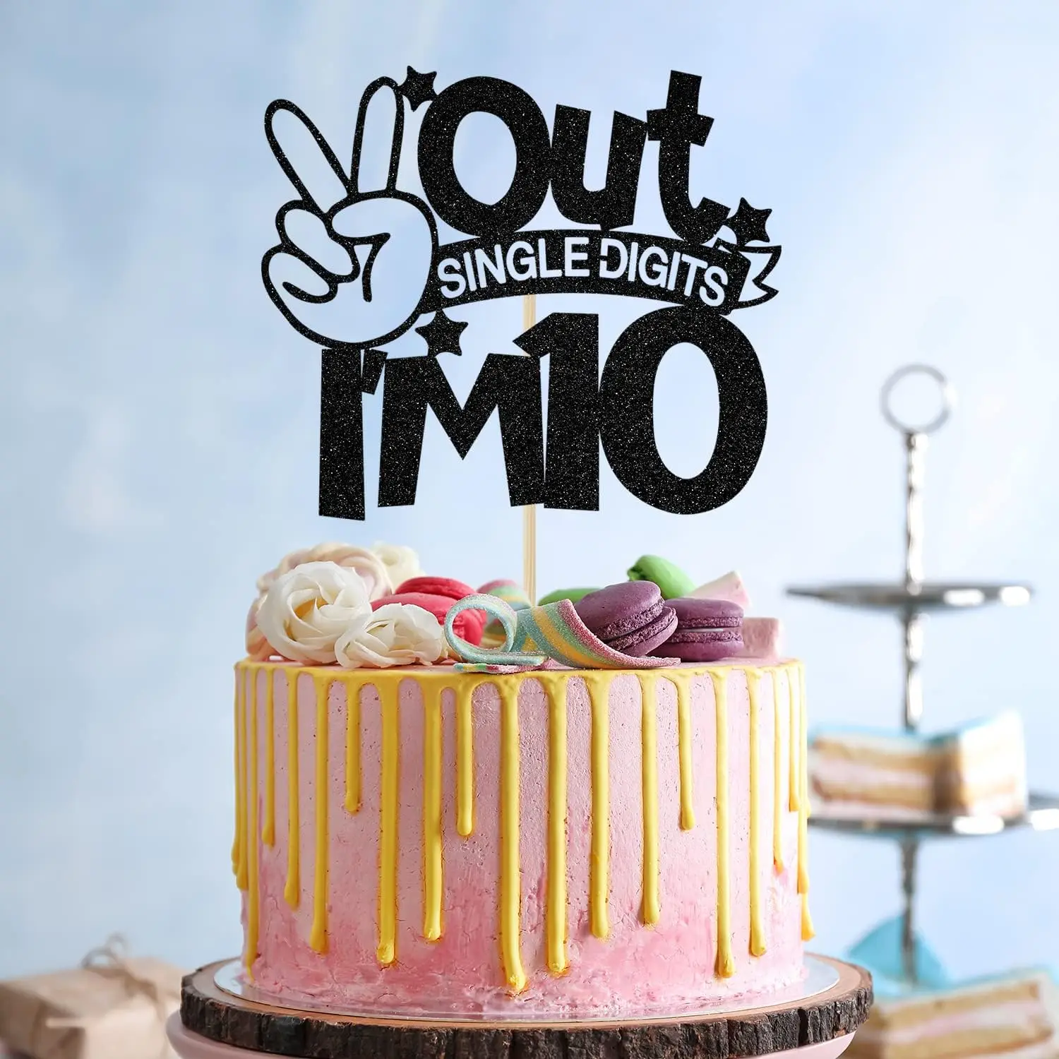 1 Pack Out Single Digits I\'m 10 Cake Topper, Double Digits 10, for Boys Girls 10th Birthday Decorations Black Glitter