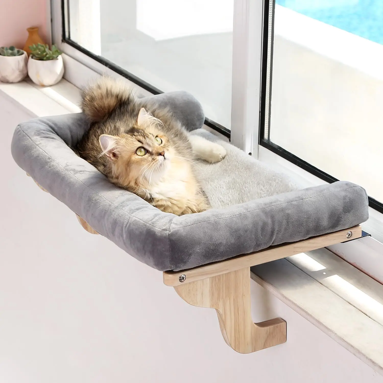 

Orthopedic Cat Window Perch with Hardwood Frame, XLarge 26.4''W for Large Cats - Natural Gray